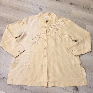 Yi Lin 100% silk Beige Cream Floral Embroidered Button Up Blouse Sz L